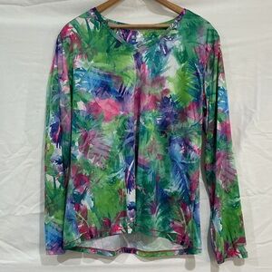 Reel Legends V-Neck Long Sleeve Tropical Print Top in Green, Pink & Blue